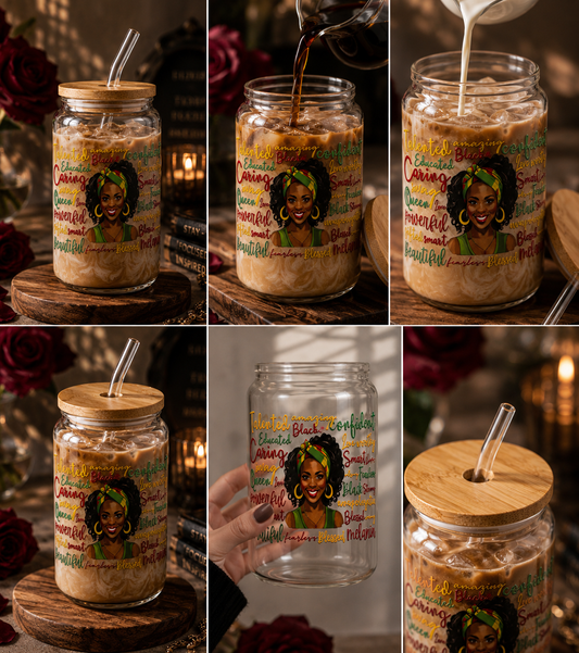Melanin Queen Empowerment Glass Can Cup blk edi