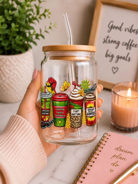 Juneteenth Glass Cup | 16oz Iced Tumbler with Bamboo Lid & Glass Straw blk edi