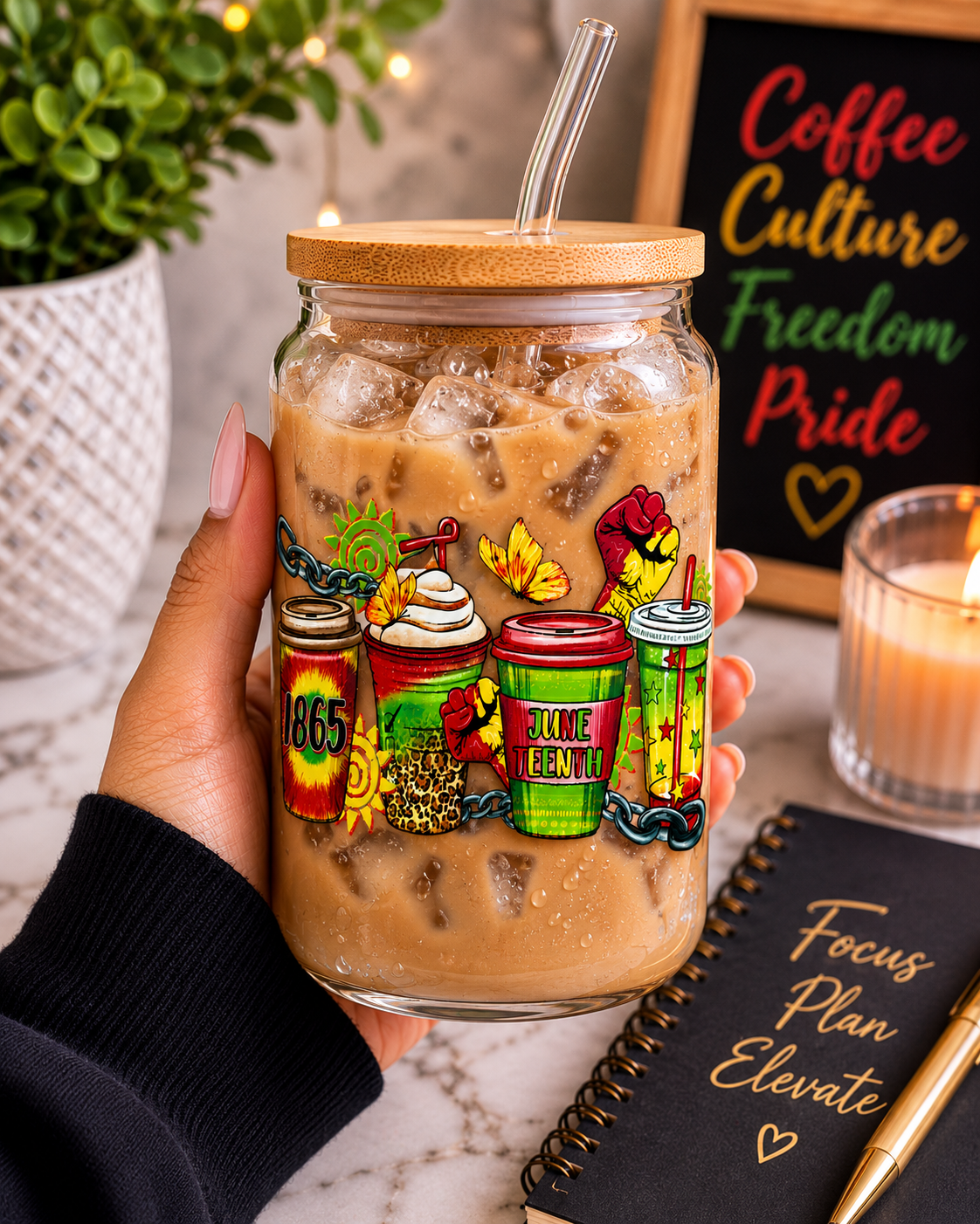 Juneteenth Glass Cup | 16oz Iced Tumbler with Bamboo Lid & Glass Straw blk edi