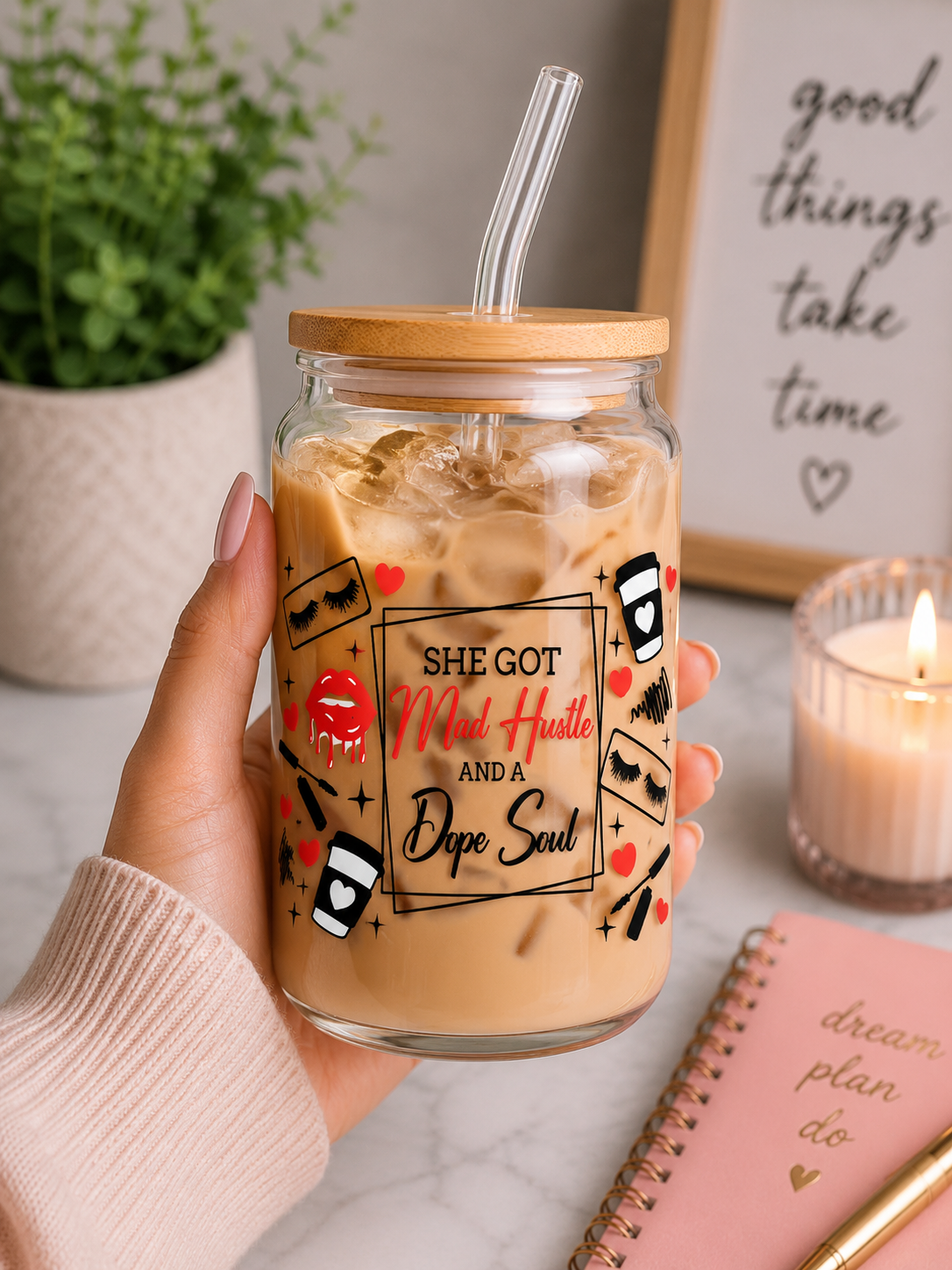 She Got Mad Hustle & A Dope Soul Glass Can Cup | 16oz Motivational moti