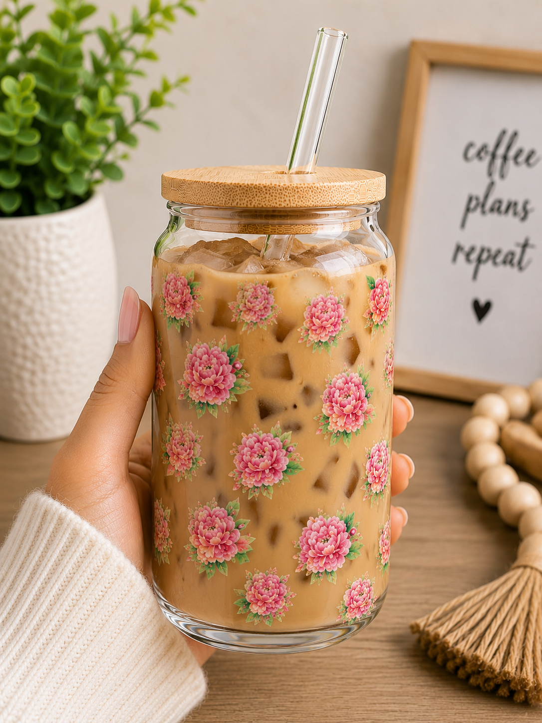 Kinda Emotional Kinda Emotionless Glass Cup | 16oz Floral Skull Iced boho edi