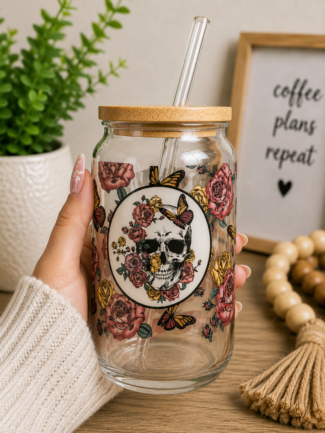 Floral Skull Glass Can Cup Gothic Rose boho edi