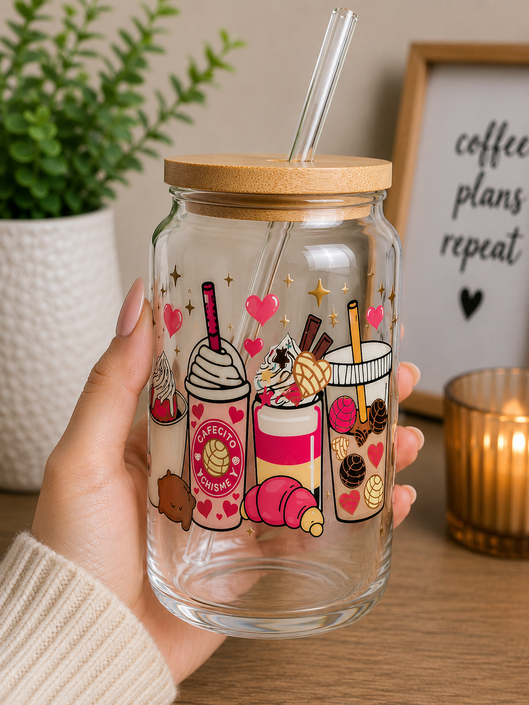 Cute Cafecito & Chisme Glass Cup | 16oz Pink coffee Iced Coffee