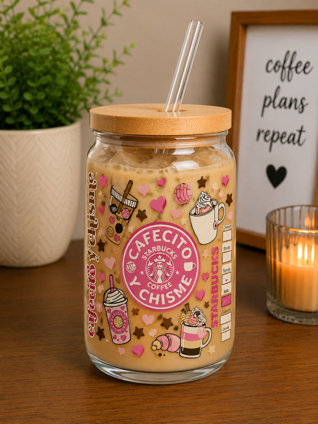 Cafecito y Chisme Glass Cup | 16oz Pink Coffee