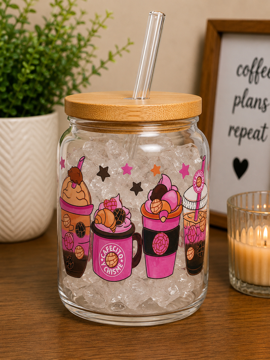 Cafecito y Chisme Pink Glass Cup | 16oz Coffee