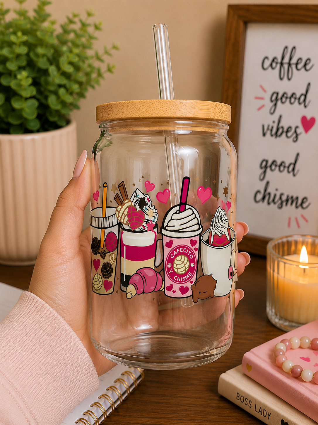 Cafecito & Chisme Coffee Glass Can Cup | 16oz Pink Aesthetic