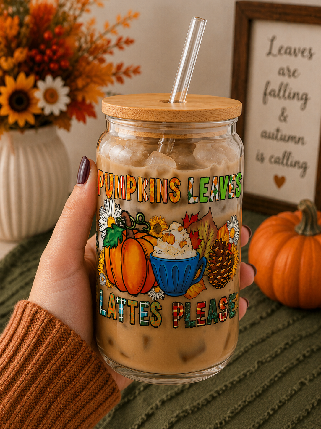 Pumpkins, Leaves & Lattes Please Glass Cup sea
