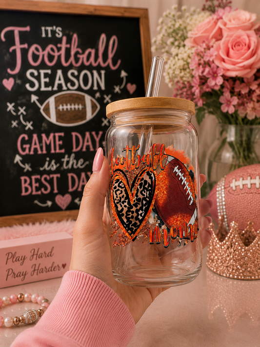 Football Mom Glass Cup – 16oz Iced Tumbler