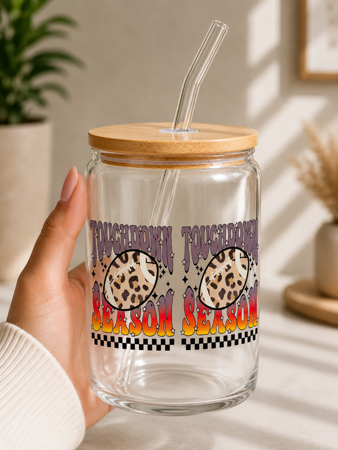 FootballTouchdown Season Leopard Print Glass Cup