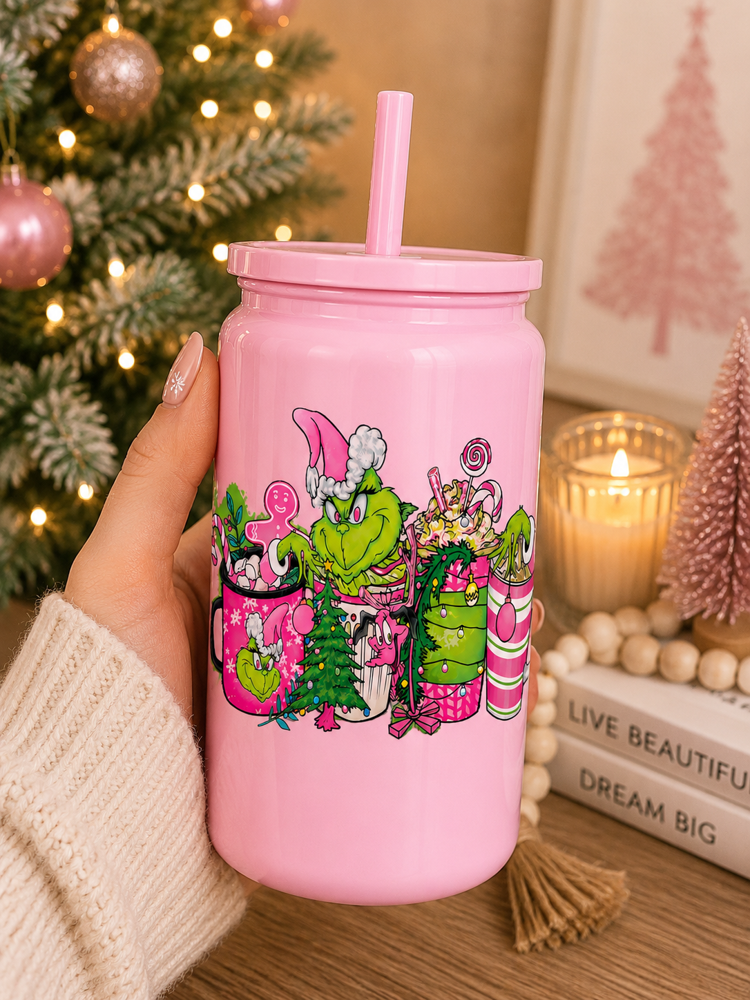Pink Grinch Christmas Glass Cup