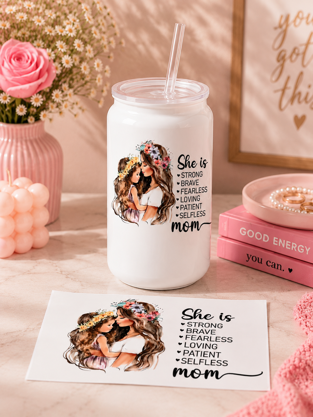 She Is Strong Mom Glass Cup –Motivational Mother & Daughter Cup