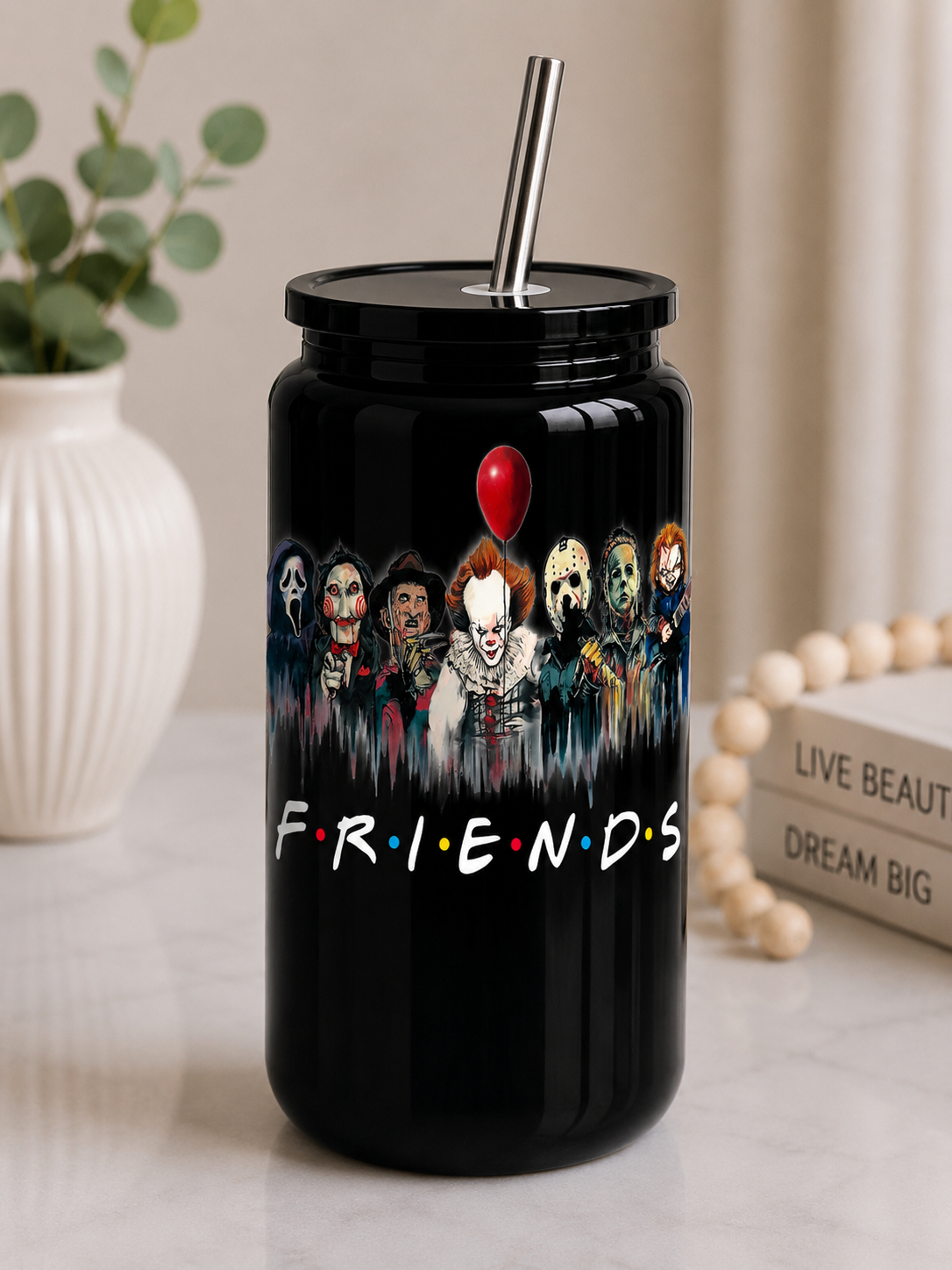 🔪 Horror Friends 16oz Black Stainless Steel Tumbler | Horror Movie Icons Cup | Halloween Insulated Tumbler with Straw