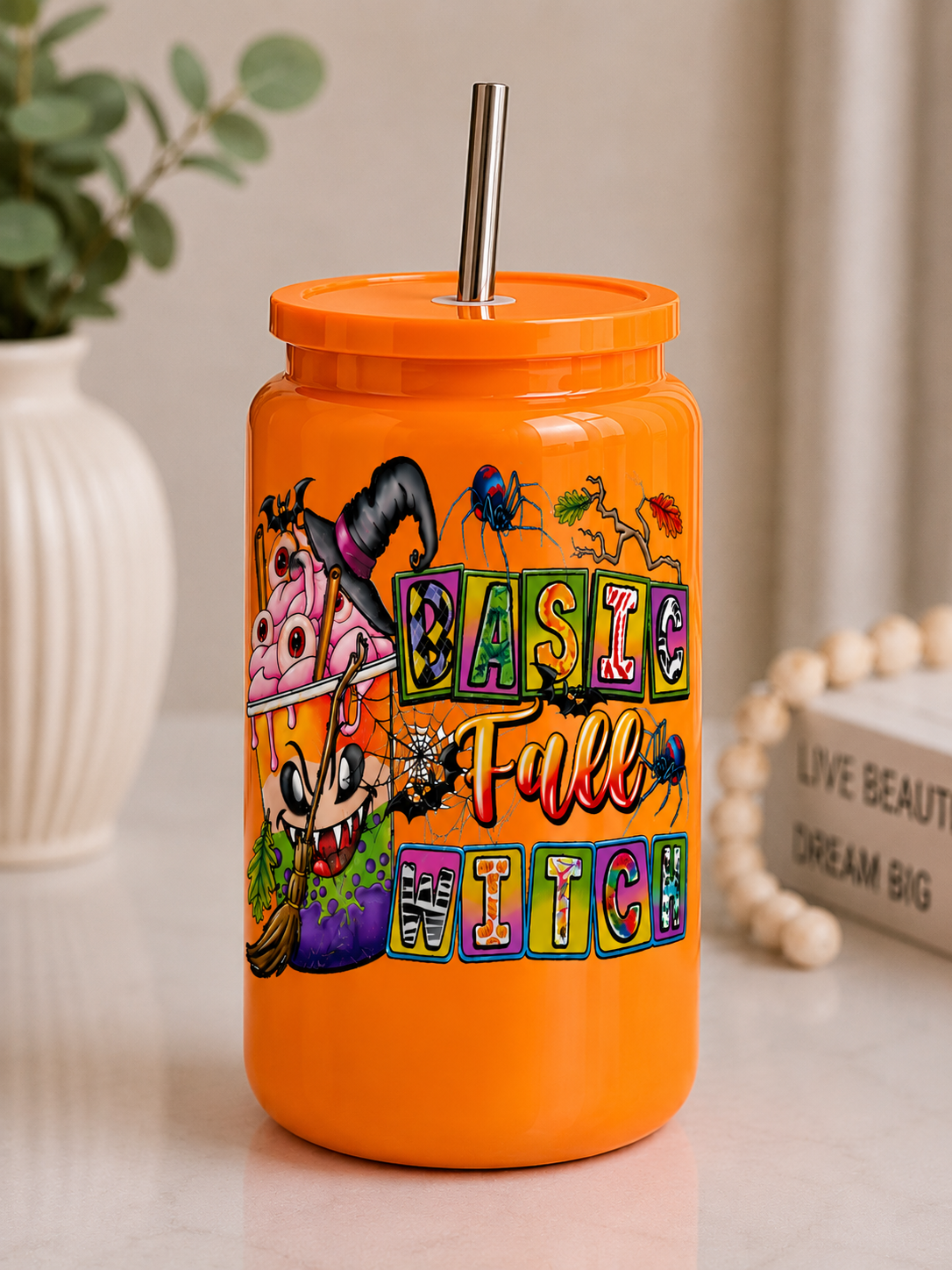 Basic Fall Witch 16oz Halloween Stainless Steel Tumbler | Spooky Witch Cup |Fall Halloween Cup with Lid & Straw