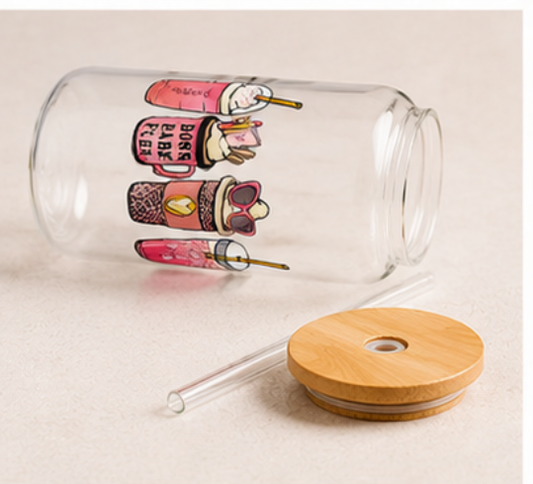 💖 Cute Boss Babe Fuel Glass Can Cup – 16oz Pink Coffee Lover Tumbler