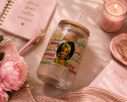 Melanin Queen Empowerment Glass Can Cup  blk edi