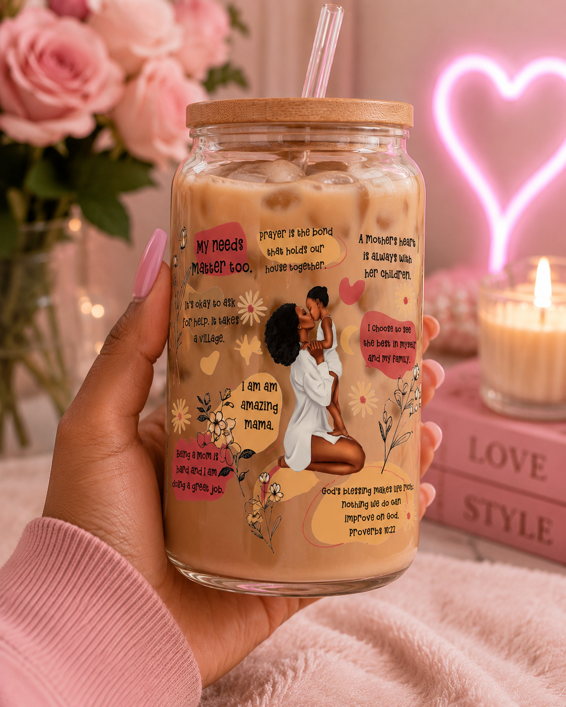 ✨ Amazing Mama Inspirational Glass Can Cup – 16oz Bamboo Lid & Glass Strawblk