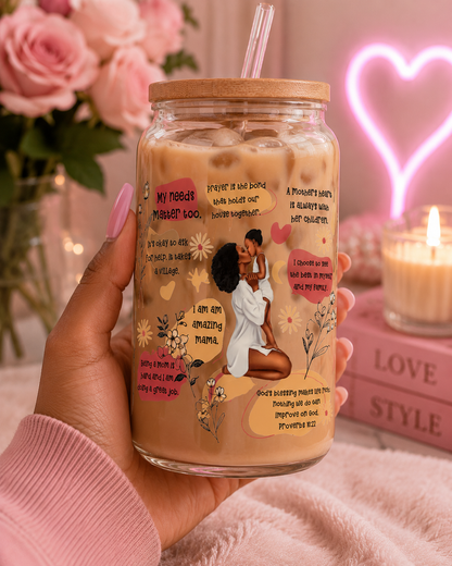 ✨ Amazing Mama Inspirational Glass Can Cup – 16oz Bamboo Lid & Glass Strawblk