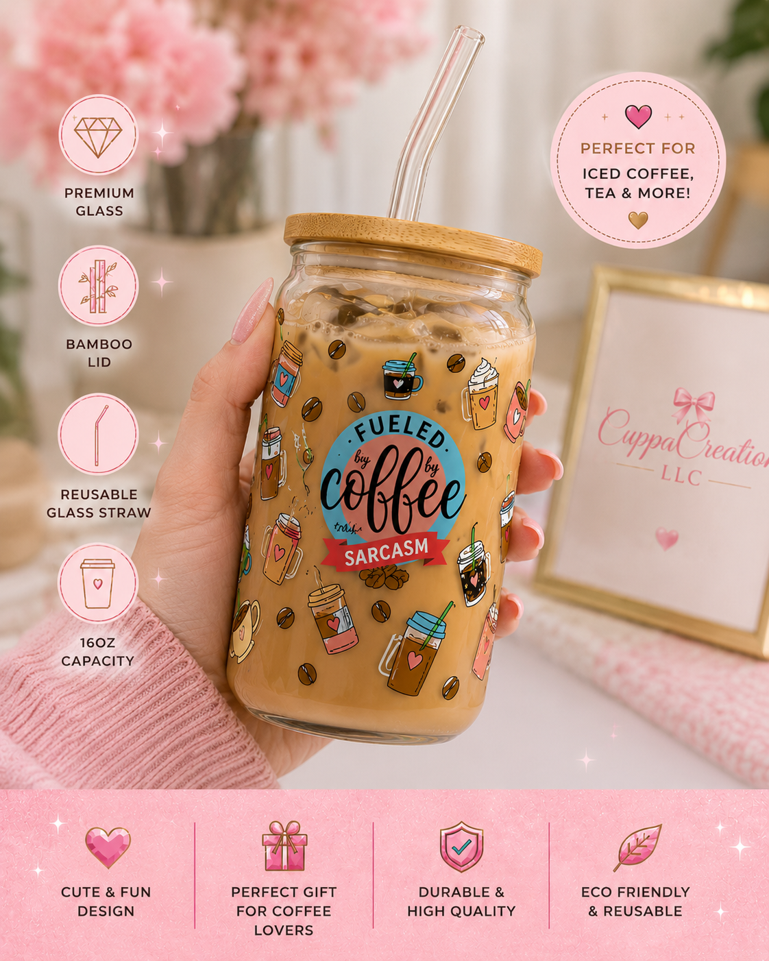 Fueled By Coffee & Sarcasm Glass Can Cup – 16oz edi
