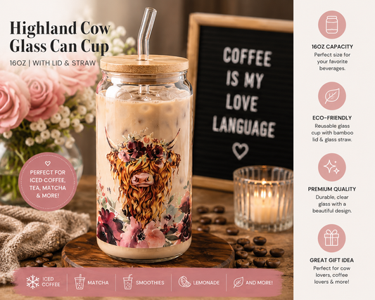 🌸 Cute Highland Cow Floral Glass Cup