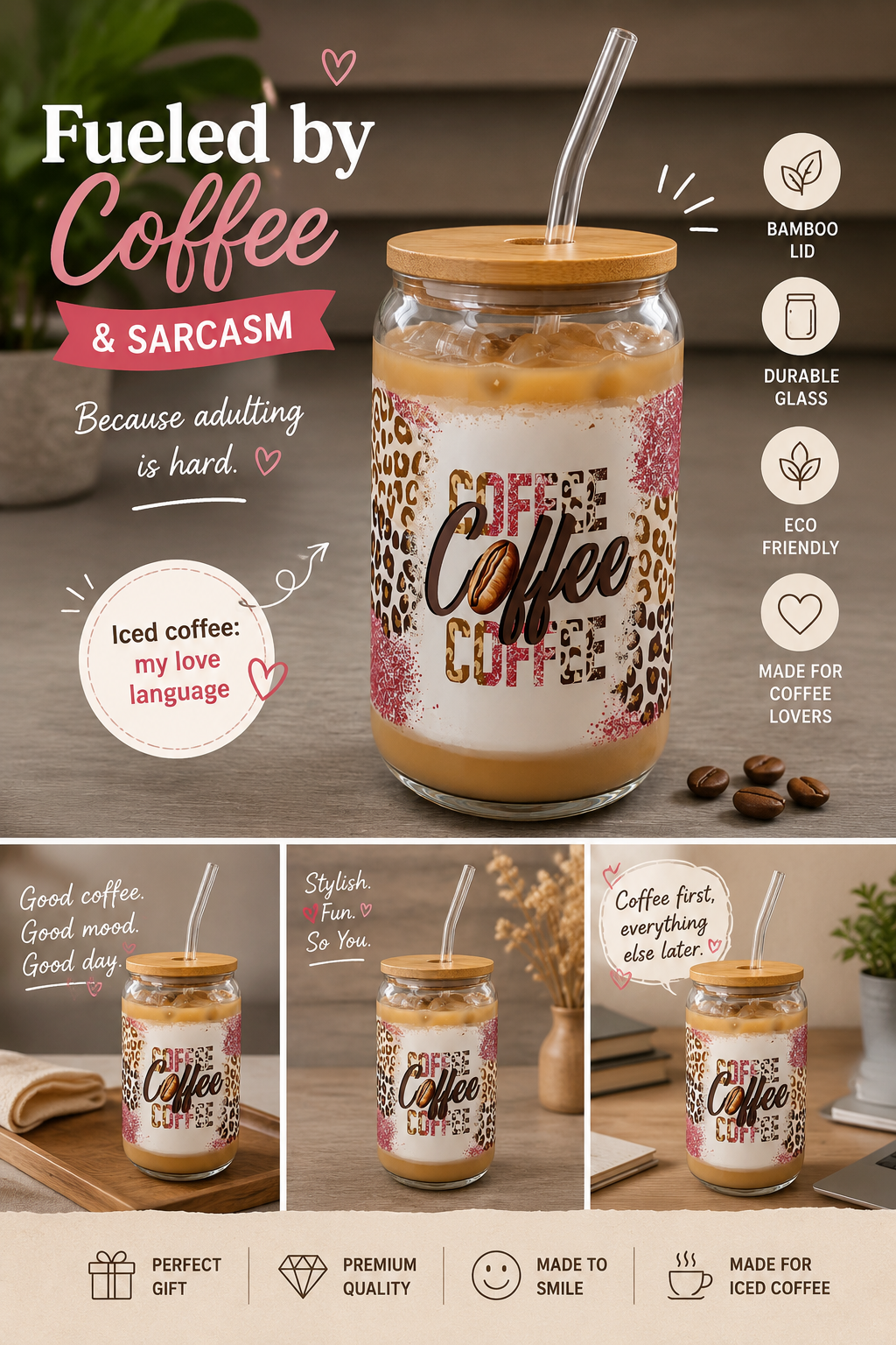 16oz Glass Coffee Can Cup with Bamboo Lid and Glass Straw, Iced Coffee Beverage Container