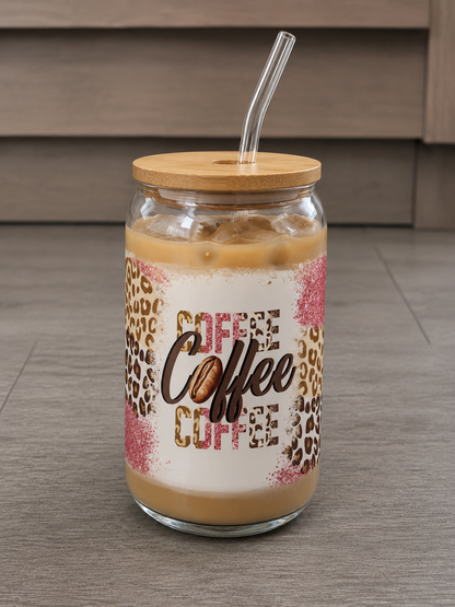 16oz Glass Coffee Can Cup with Bamboo Lid and Glass Straw, Iced Coffee Beverage Container