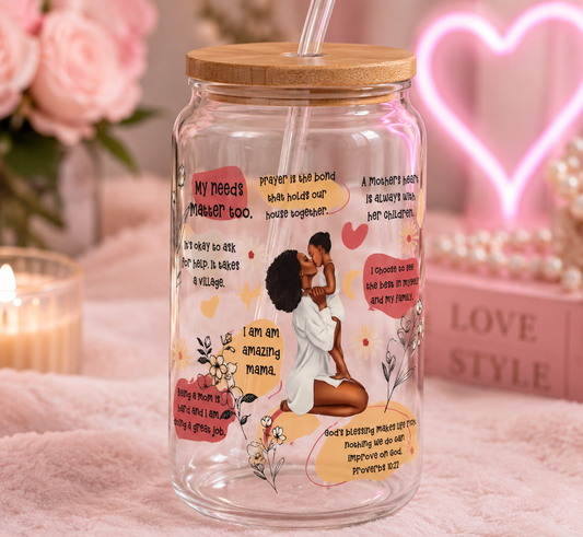 ✨ Amazing Mama Inspirational Glass Can Cup – 16oz Bamboo Lid & Glass Strawblk