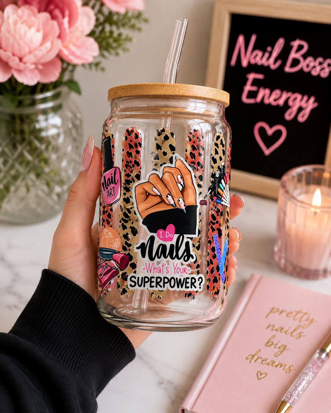 💅 Cute Nail Tech Glass Can Cup | “I Do Nails, What’s Your Superpower?” edi