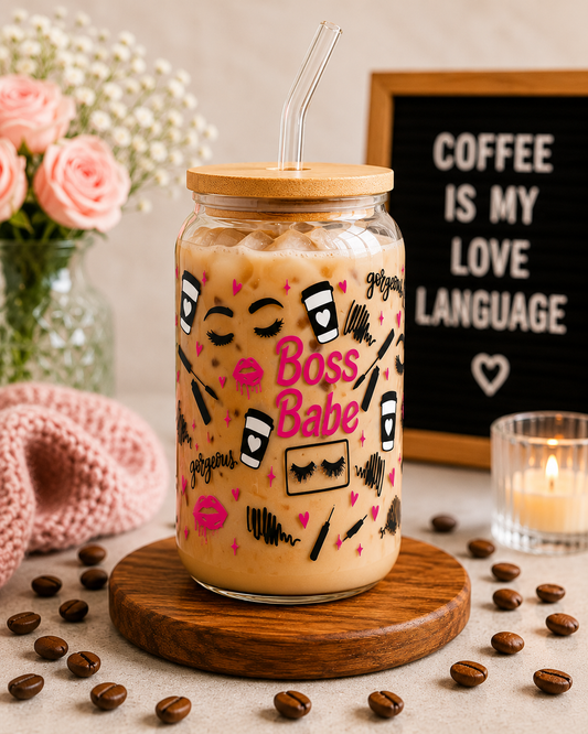 💄 Cute Boss Babe Glass Can Cup – 16oz Beauty & Coffee Lover