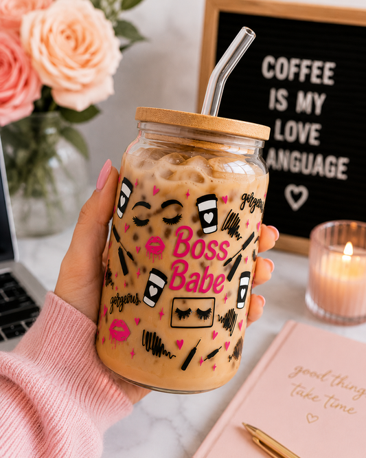 💄 Cute Boss Babe Glass Can Cup – 16oz Beauty & Coffee Lover