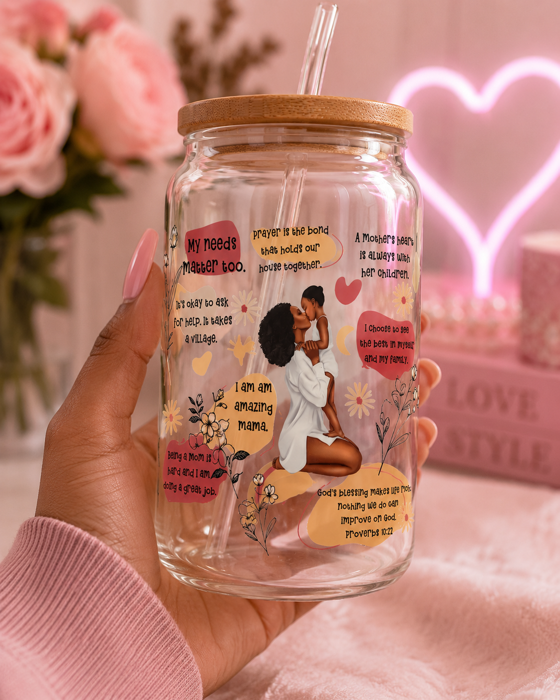 ✨ Amazing Mama Inspirational Glass Can Cup – 16oz Bamboo Lid & Glass Strawblk
