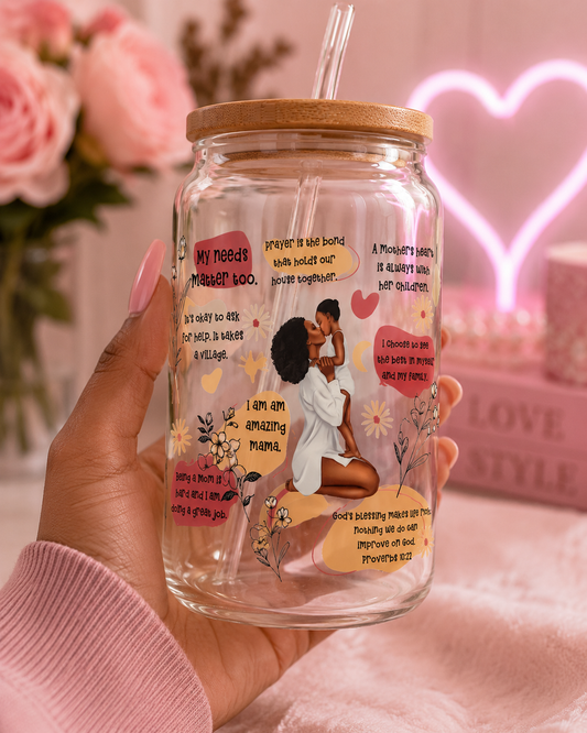 ✨ Amazing Mama Inspirational Glass Can Cup – 16oz Bamboo Lid & Glass Strawblk