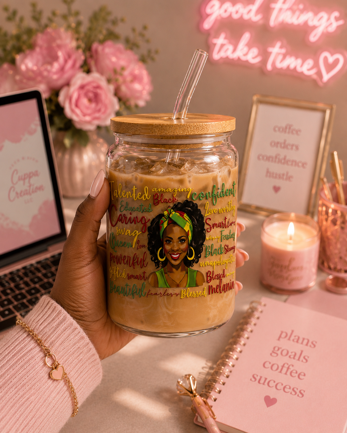 Melanin Queen Empowerment Glass Can Cup  blk edi