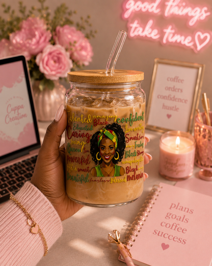 Melanin Queen Empowerment Glass Can Cup  blk edi