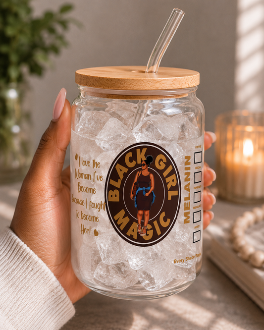 Black Girl Magic Iced Coffee Glass Can Cup | 16oz Motivational Glass Tumbler with Bamboo Lid & Glass Straw blk edi