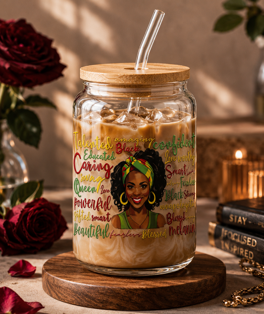 Melanin Queen Empowerment Glass Can Cup | 16oz Iced Coffee Tumbler with Bamboo Lid & Glass Straw blk edi