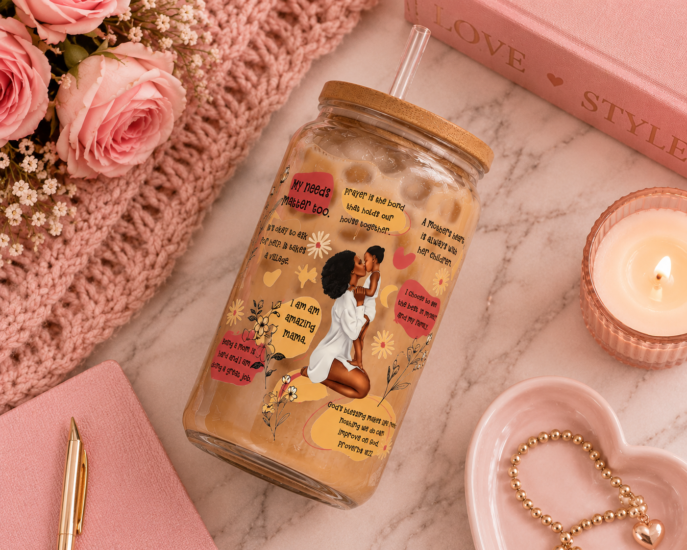 ✨ Amazing Mama Inspirational Glass Can Cup – 16oz Bamboo Lid & Glass Strawblk