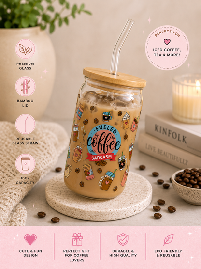 Fueled By Coffee & Sarcasm Glass Can Cup – 16oz edi