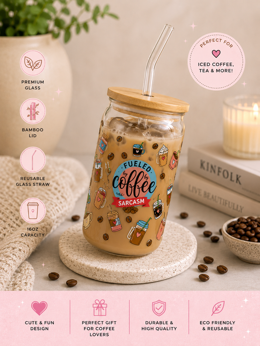 Fueled By Coffee & Sarcasm Glass Can Cup – 16oz edi
