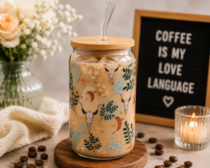 🤠 Boho Longhorn Glass Cup – 16oz Western Aesthetic Iced edi
