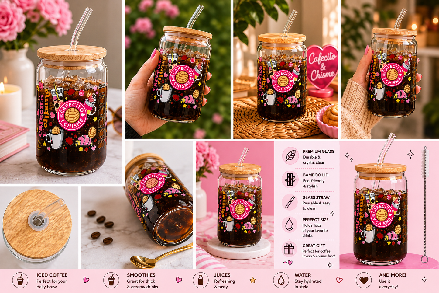 Cafecito Y Chisme Glass Can Cup – 16oz Iced Coffee Tumbler edi
