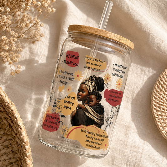 🌸 Amazing Mama Iced Coffee Glass Can Cup – Inspirational Motherhood Tumbler | 16oz Glass Cup with Bamboo Lid & Straw blk edi