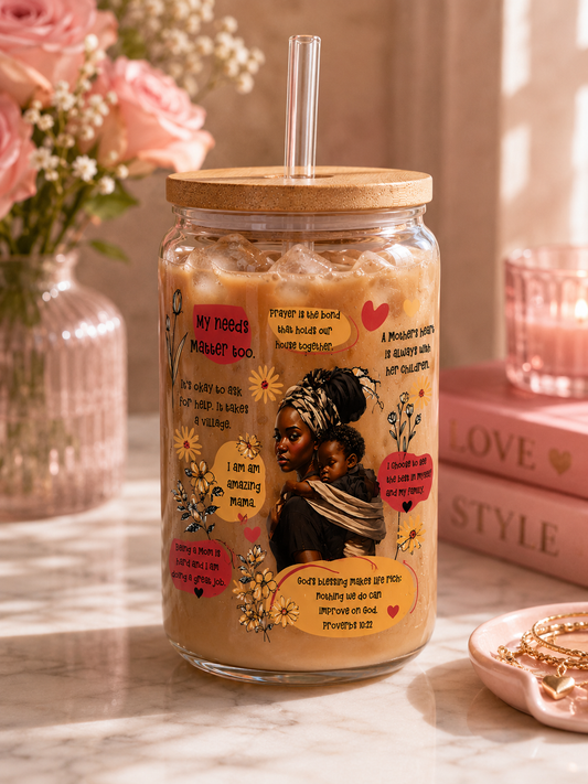 🌸 Amazing Mama Iced Coffee Glass Can Cup – Inspirational Motherhood Tumbler | 16oz Glass Cup with Bamboo Lid & Straw blk edi