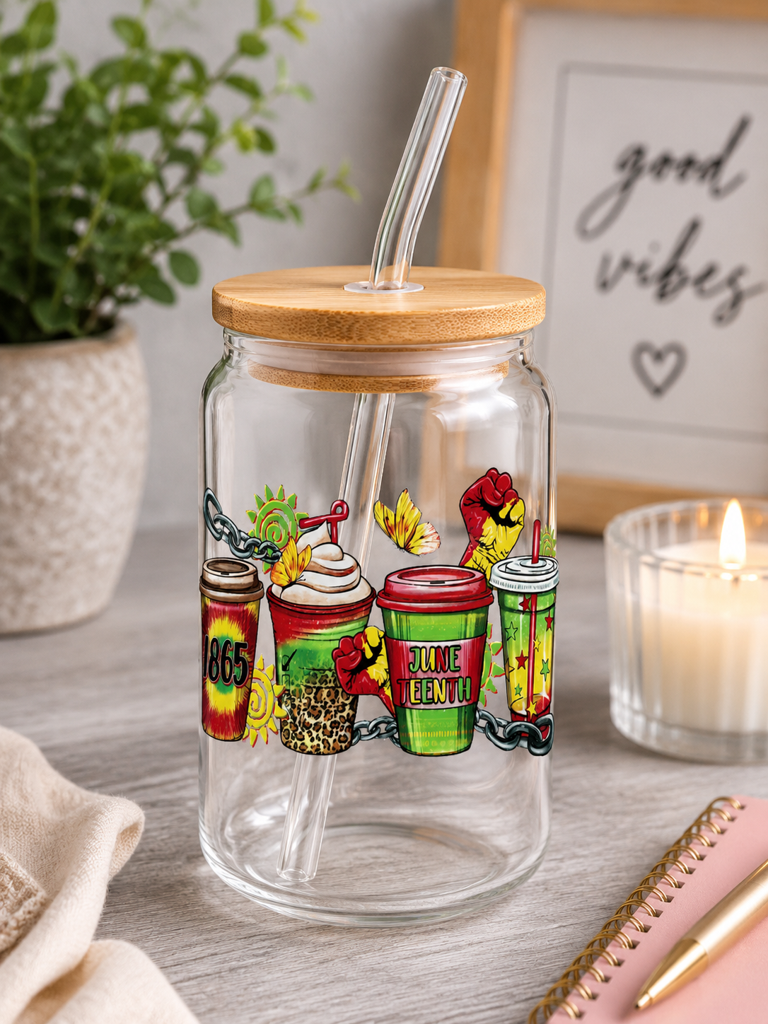 Juneteenth  Glass  Cup | 16oz Iced  Tumbler with Bamboo Lid & Glass Straw blk edi