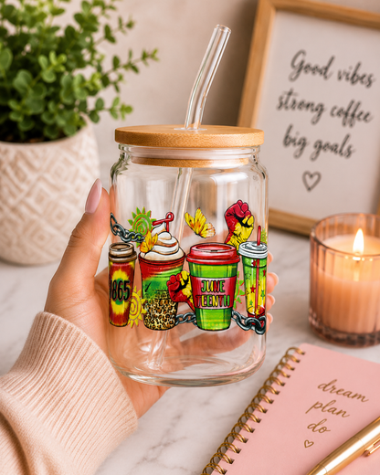 Juneteenth  Glass  Cup | 16oz Iced  Tumbler with Bamboo Lid & Glass Straw blk edi