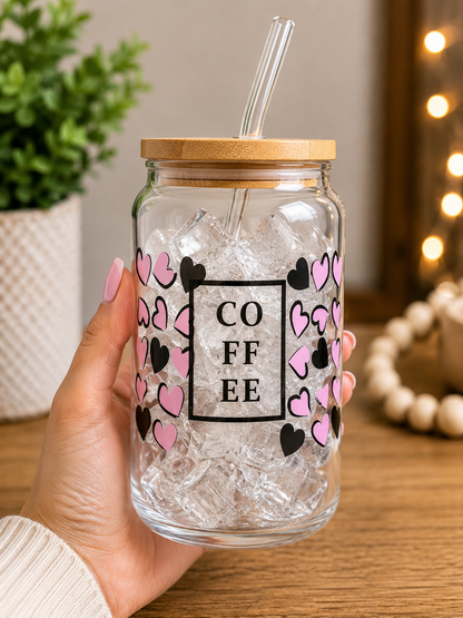 Coffee Hearts Glass Can Cup | 16oz Cute Pink Heart Iced Coffee