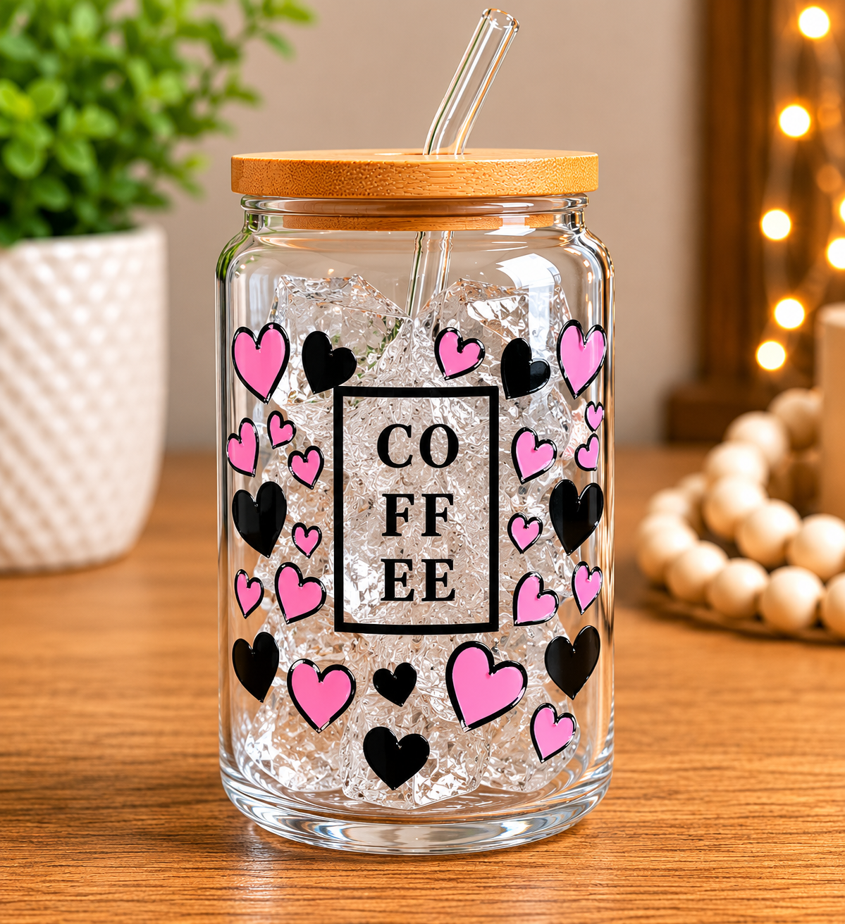 Coffee Hearts Glass Can Cup | 16oz Cute Pink Heart Iced Coffee