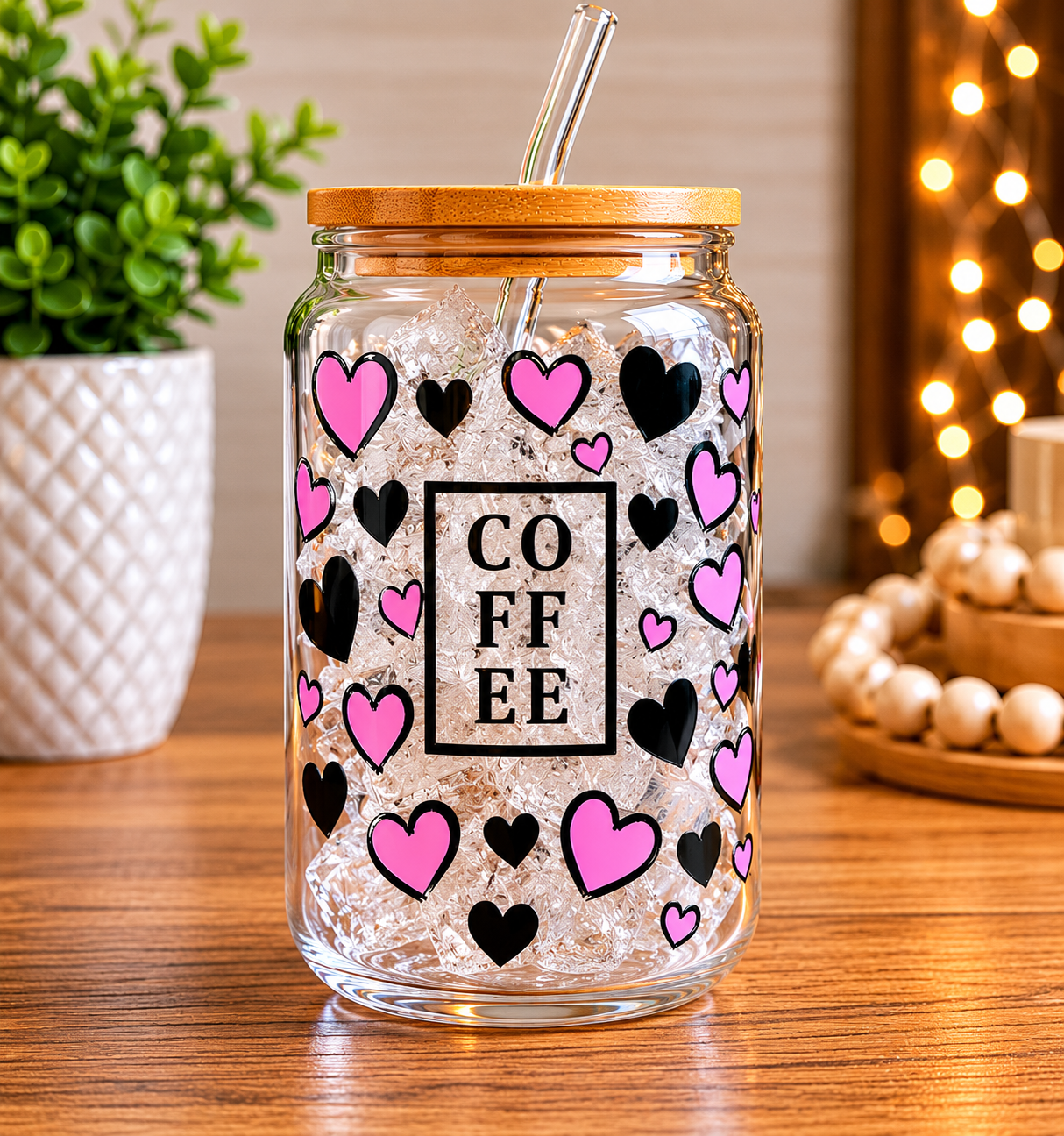 Coffee Hearts Glass Can Cup | 16oz Cute Pink Heart Iced Coffee