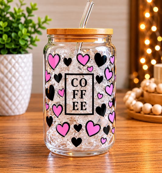 Coffee Hearts Glass Can Cup | 16oz Cute Pink Heart Iced Coffee