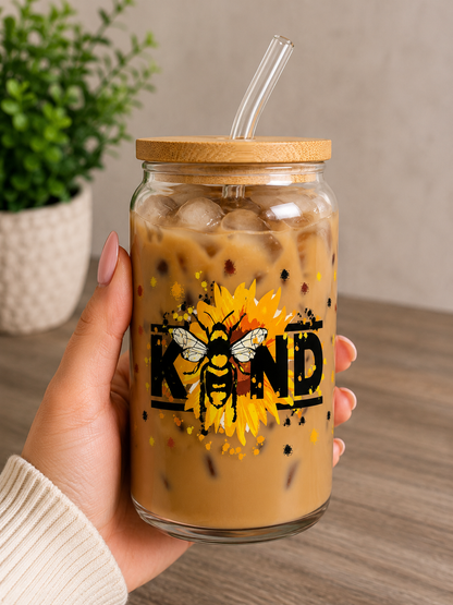Kind Bee Glass  Cup | 16oz Cute Sunflower Bee