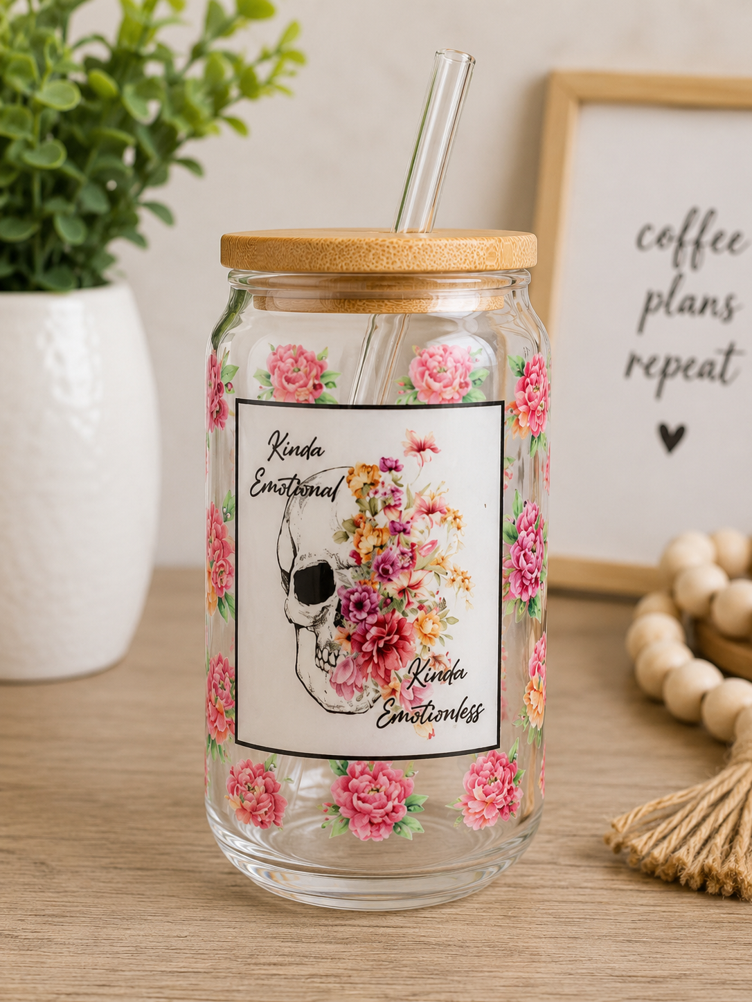 Kinda Emotional Kinda Emotionless Glass Cup | 16oz Floral Skull Iced boho edi